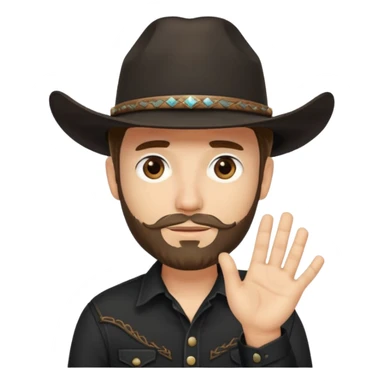 Man with short beard, wearing a cowboy hat, black shirt, with hand covering half his face sticker