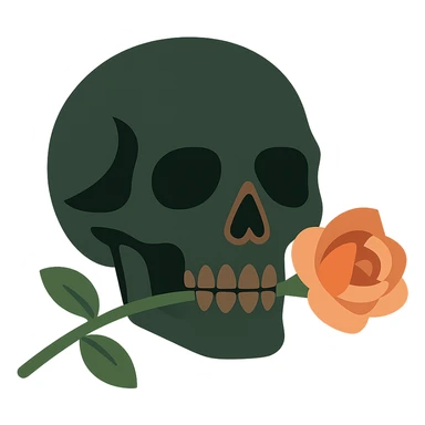A dark, mysterious skull with a gothic, haunting atmosphere, featuring a soft color palette: golden orange (FA9B41), deep forest green (4A7C5C), muted taupe brown (96775A), and pastel peach (FFCC9A). The skull has sharp, angular features and hollow eye sockets, exuding a sense of mystery. A single, delicate rose lies across the skull, its petals in rich shades of peach and soft orange, with a deep green stem. The contrast between the dark skull and the soft, vibrant rose creates a striking, emotional effect. The background is dimly lit, with subtle shadows and perhaps a faint glow, enhancing the gothic yet strangely beautiful atmosphere. sticker