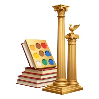 An icon featuring a paint palette, a sculpture, and a book, symbolizing the study of culture and art. The design includes a classical column and a canvas, representing art history and cultural exploration. Transparent background highlights the connection between creativity and history. sticker