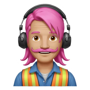 construction worker with long pink hair and headphones and mustache sticker