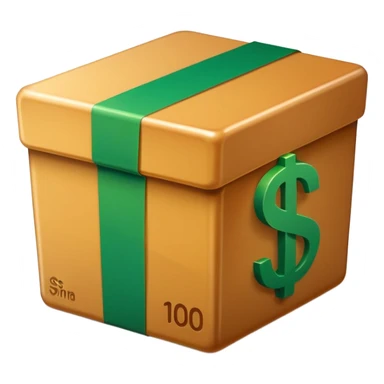 Closed box facing forwards with semi rounded edges Light honey‑brown tape strip with a glossy highlight green bill with a bold white dollar sign, anchored at the bottom left of the box create depth with slight shadows Plain white background for that crisp, emoji‑ready finish sticker