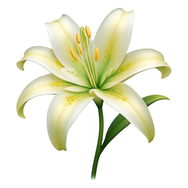 Cinematic Realistic Lily Emoji, Elegant and fragrant, with soft, white petals curling delicately around a golden-yellow stamen at its center. The long, slender green stem stands tall, supporting the vibrant bloom with its slightly curled tips. Soft glowing outline, capturing the essence of purity, elegance, and grace in a striking lily. sticker