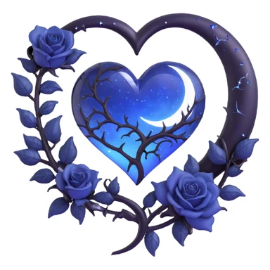 gothic heart, midnight blue glass, silver crescent moon, black roses, stardust, lightning, rain, cracked glass, elegant style sticker