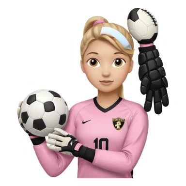 Make a dirty blonde football goalkeeper with goalkeeper gloves on holding a regular  The girl is light skinned and wearing a light pink football. Wearing a ponytail on back of head. Make it without the whole body. With full sleeves. WITHOUT A RUGBY BALL JUST REGULAR BLACK AND WHITE BALL. sticker