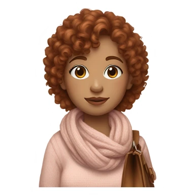 auburn haired girl with curly hair and bangs make her have light makeup and a small amount of freckles on both sides she is wearing a baby neutral pink jumper with a white scarf and a brown bag on her shoulder  sticker
