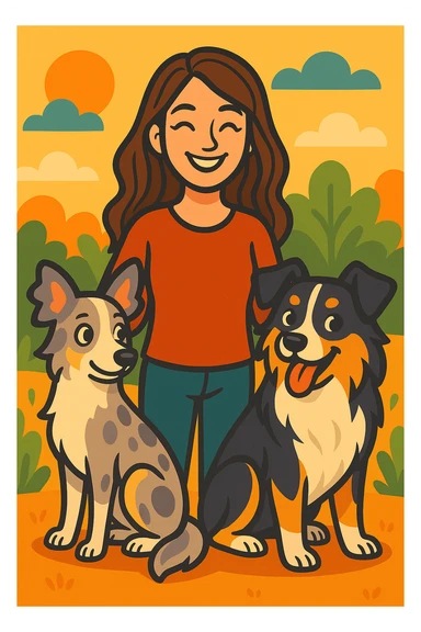 Make the woman younger while keeping her with two mini Australian shepherds, one dainty female and one boyish male, in the same vibrant toon style. sticker