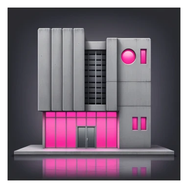 Minimalist gray concrete building with one window glowing bright pink, brutalist architecture sticker