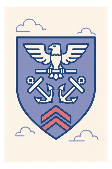 blue shield insignia with a white eagle holding a bar at the top, crossed white anchors below the eagle, and two red chevrons at the bottom, military rank badge style sticker
