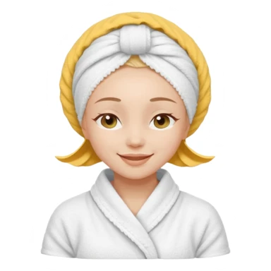 cute girl with her eyes closed and smiling, wearing a white spa towel as her clothes in she has a white spa towel on her head, white face skincare mask whole face sticker