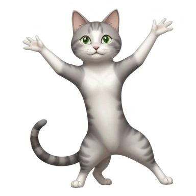 grey and white cat with green eyes doing a big long stretch reaching up into the air with arms and legs side by side together sticker