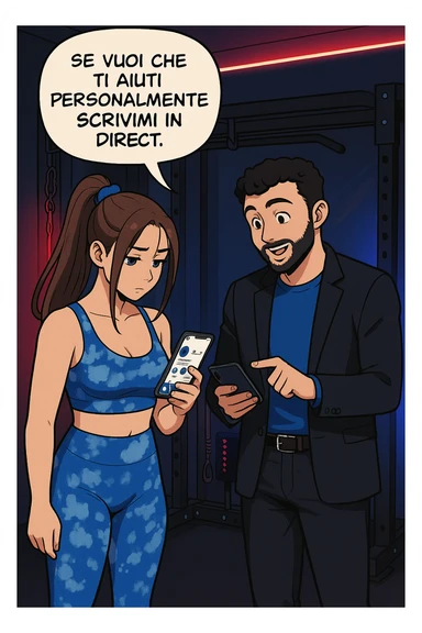 TRASFORMA QUESTO CAROSELLO IN UN FUMETTO STILE WEBTOON/MANGA A COLORI CON QUESTE DUE PERSONE IDENTICHE CHE INTERLOQUISCONO TRA LORO, L'UOMO MOSTRA UNO SMARTPHONE ALLA DONNA INDICANDOLO, E ANCHE LA DONNA HA LO SMARTPHONE IN MANO PER ANDARE A SEGUIRE IL SUO PROFILO INSTAGRAM:

LUI (UOMO): Se vuoi che ti aiuti personalmente
SCRIVIMI IN DIRECT sticker