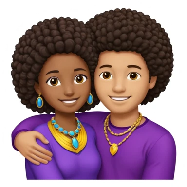 Tan male with short straight, light wavy hair, smiling and hugging a darkblack African  girl with Afro in purple clothes with blue jewelry sticker