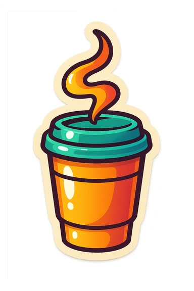 playful retro sticker-style illustration of a takeaway coffee cup with a swirl of steam above it, bold outlines, smooth forms, glossy expressive highlights sticker