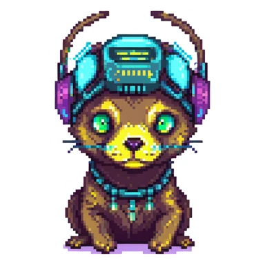 pixel art otter, big eyes, cyberpunk neural headgear, neon glow sticker
