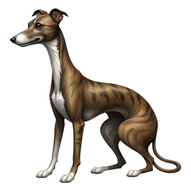 cinematic-[brindle greyhound]-realistic-full-body-sitting-emoji,-tail-resting-loosely-beside-its-paws,-head-tilted-dramatically, -sleek-[dark brindle]-fur,-simplified-yet-realistic-focused-features,-highly-detailed,-glowing-with-an-almost-sarcastic-glow sticker