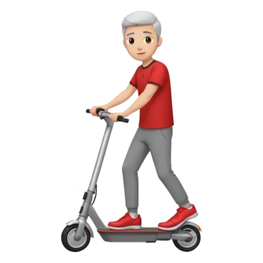 Red shirt, grey pants, on an electric scooter sticker