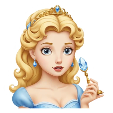 Cinematic Funny Cinderella Portrait Emoji, Stunned expression as she holds a glass slipper much too big, one eyebrow raised, golden curls slightly messy, a mix of royal grace and unexpected humor, capturing a lighthearted twist on her fairy tale moment! sticker