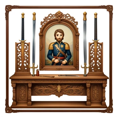 Icon for Antiques Collecting: vintage intricately carved furniture, famous paintings, antique swords, and rifles. The items are displayed on a wooden table or shelf. The icon should evoke the rich history and craftsmanship of antique collecting. Transparent background. sticker