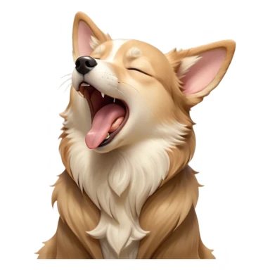 Cinematic Cute Yawning Domestic Dog Portrait Emoji, Head tilted slightly with a dramatic, wide-open yawn, showcasing a plush, inviting coat with gently drooping ears and half-closed, drowsy eyes, Simplified yet irresistibly adorable features, highly detailed, glowing with a soft, cozy glow, high shine, relaxed yet expressive, stylized with a dash of playful whimsy, soft glowing outline, capturing the essence of a sleepy yet affectionate dog that seems ready to stretch out for a nap! sticker