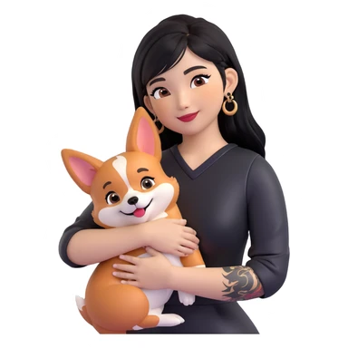 expressive emoji of an Asian girl with long black hair and wispy deep-parted side bangs, wearing a black leather dress, gold earrings, false lashes, and a 3/4 sleeve tattoo on her left arm, hugging a happy red head tri-color corgi, simplified, clear, emoji-like sticker