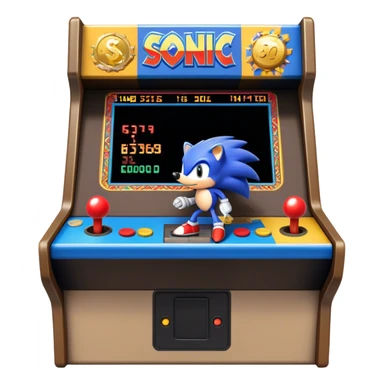 An icon showing a retro arcade screen with pixelated characters like a speedy hedgehog Sonic jumping and collecting coins. The game environment includes obstacles, power-ups, and vibrant colors, evoking the excitement and nostalgia of classic arcade games. transparent background. sticker