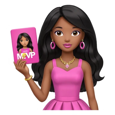 Black barbie, long black  hair, pink dress holding mvp sign  sticker