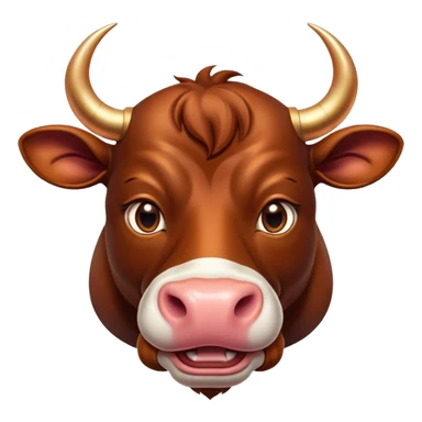 Cinematic Cute Domestic Bull Portrait Emoji, Head tilted playfully and inquisitively, with a sturdy, compact build and a smooth, polished coat of rich copper and brown hues accentuated by gently curved horns, round, sparkling eyes full of curious determination, Simplified yet irresistibly adorable features, highly detailed, glowing with a warm, friendly glow, high shine, affectionate and spirited, stylized with a touch of rustic charm, soft glowing outline, capturing the essence of a mischievous yet loving domestic bull that feels like it could trot out of the screen and into your arms! sticker