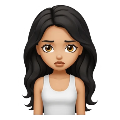 a pretty tan bratz girl with long wavy black hair, wearing a white tank topi. looking sad sticker