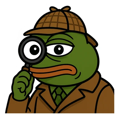 Pepe the Frog meme style as a detective with a magnifying glass, remove background, keep transparent background. sticker