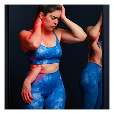 A slender woman in 4K, standing in front of a mirror, one hand on the reddened nape and the other on the forehead, eyes closed in pain, inspired by the reference photo. sticker