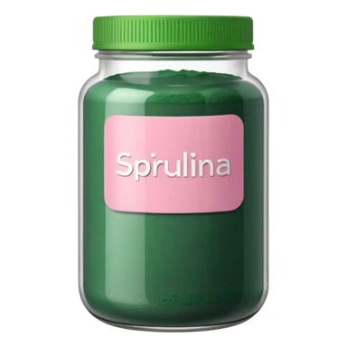 Transparent jar of spirulina powder with pastel pink label sticker