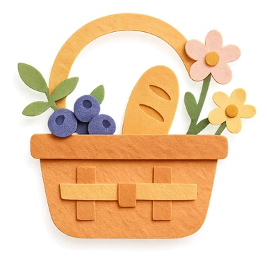 a picnic basket with berries, bread, and flowers, warm pastel shades, paper craft style sticker