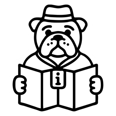English bulldog tour guide, icon style, with a map and a friendly expression sticker