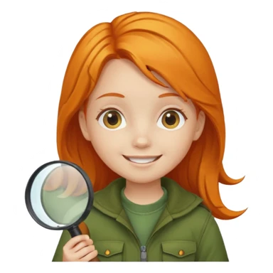 braid orange haired girl kid in moss green explorer outfit, holding magnifying glass, smile sticker