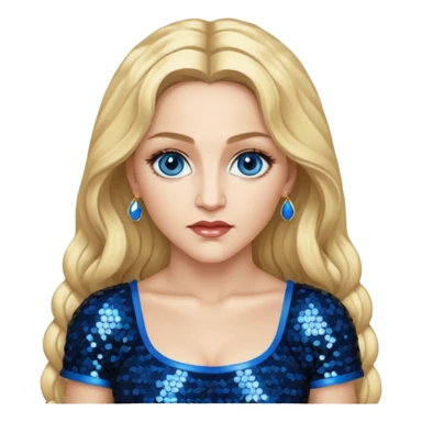 Madonna with blonde long hair, black sequin crop top, blue eye sticker