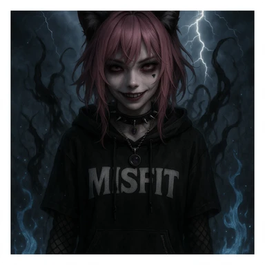 realistic anime catgirl with pink hair, emo streetwear, heart tattoo under left eye, dark magical accessory, sparkles, stormy background, ghostly horror look with shadowy tendrils, pale blue flames, and a chilling smile sticker