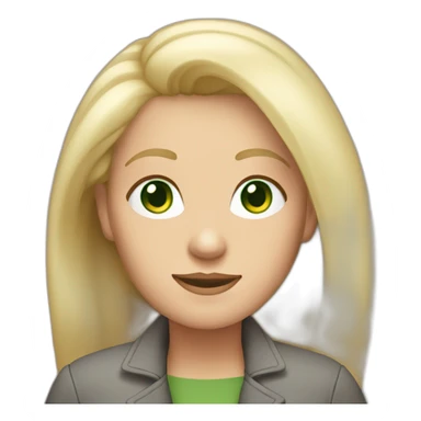 28 old women, white skin, long straight blond hair, green eyes, red shirt in a gray jacket sticker