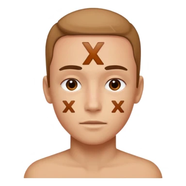 forhead with a small "X" text on it sticker