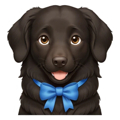 Black, flat-coated retriever, smooth fur with subtly fluffy ears, smiling face, blue bow around the neck, brown eyes  sticker