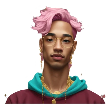 Vintage painting swirls gold jewellery baroque raven wings angel tropical Deep pink maroon burgundy cyan dark hoodie man vitiligo dyed hair gold piercings nose piercing ear piercings sticker