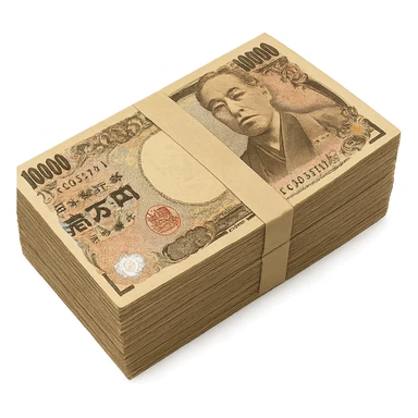 a stack of Japanese yen banknotes viewed from the top, showing the bills' details and colors sticker