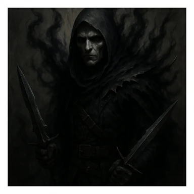 Make the assassin look even scarier, with a shadowy aura, sharp weapons, and a chilling, emotionless face, but keep the face clearly visible, in a realistic fantasy style. sticker