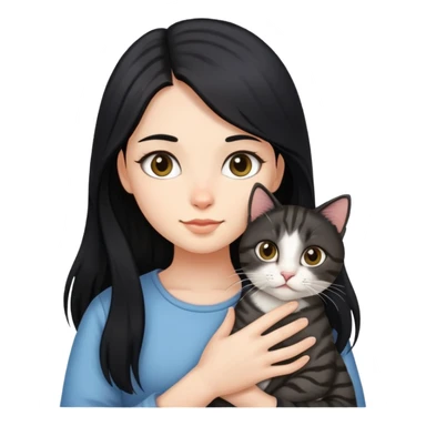 Long black hair girl holding a haired tabby cat sticker