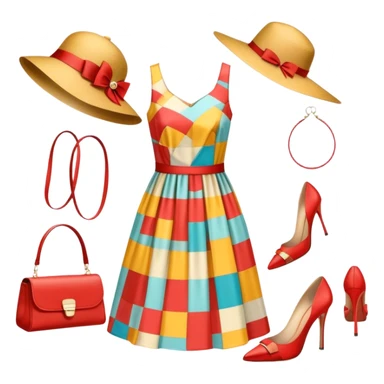 Icon for Fashion Design: a pattern of a bright, beautiful dress with measurements, a ruler, and pencil, along with a hat, shoes, and a handbag. The icon should represent fashion design with attention to detail and style. Transparent background. sticker