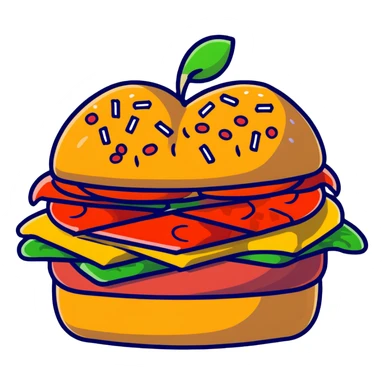 A burger with pizza toppings, french fries sticking out the sides, and apple slices as garnish sticker