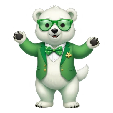 full body friendly anthropomorphised polar bear smiling, wearing large multicolored star-shaped glasses, green bow tie, shamrock pin, festive green shirt, green trainers, St. Patrick's Day sticker