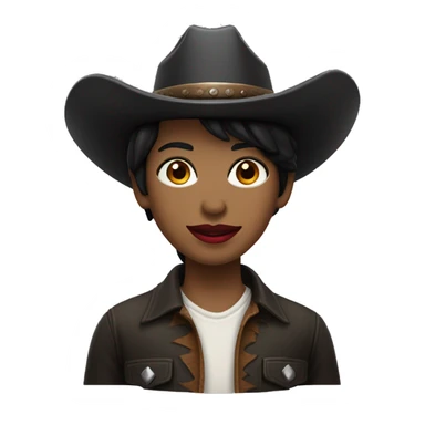 straight black hair,red lipstick,hazel eyes, white skin, a small nose and a cowboy hat  sticker