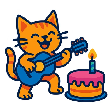 cat playing guitar next to a cake, vibrant-toon style sticker