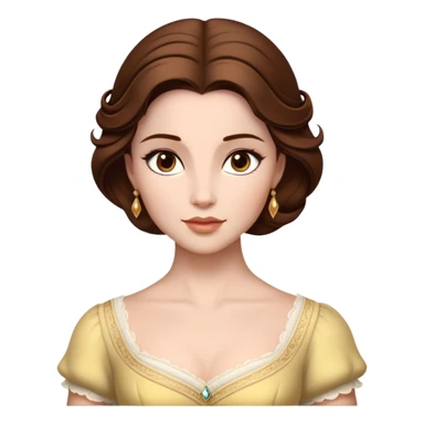 Cinematic Realistic Belle Portrait, depicted with lifelike skin texture, soft natural lighting, and intricately detailed brown hair styled elegantly. Her deep, expressive eyes exude warmth and intelligence, complemented by a serene and graceful expression. She is dressed in her classic attire, with rich fabric textures and delicate folds that catch the light beautifully. The portrait features a soft, enchanting glow with a natural, radiant finish, capturing the essence of timeless beauty in a realistic and painterly style, evoking a sense of depth and authenticity. sticker