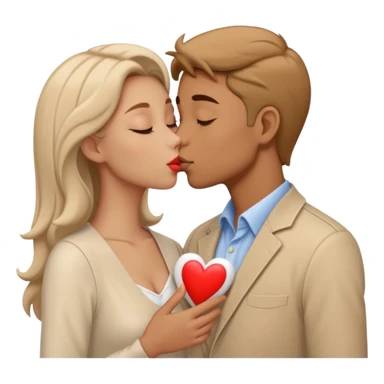 A man in pale beige clothes and a woman in pale beige clothes are kissing with white hearts sticker